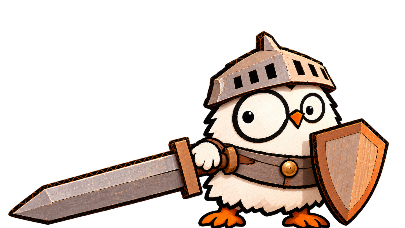 Sir Hoot, an owl knight with a sword and shield